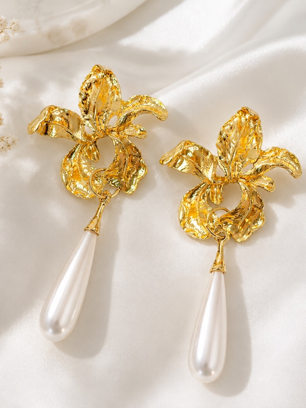 Gold Floral Pearl Drop Statement Earrings